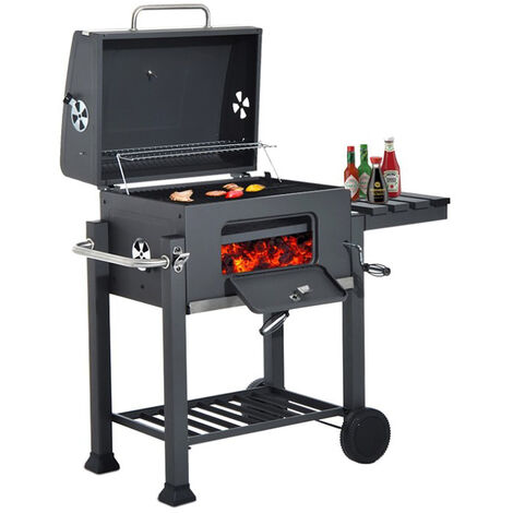 Yongqing – Barbecue charbon cylindrique à 2 roues – 2 grilles en fonte – thermomètre intégré – bac à charbon ajustable – cadre pliable