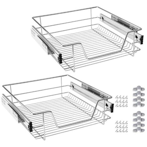 Lot de 2 paniers à tiroir télescopique 56 cm – Maille en acier chromé – Charge maximale 12 kg – Glissière flexible pour armoires – Dazhom