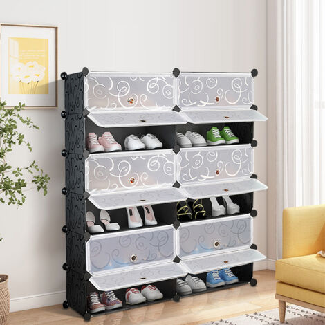 Meuble à Chaussures,pour 24 Paires de Chaussures,avec 12 Compartiments,Facile à Monter,Noire et Blanc Imprimée (1/5)