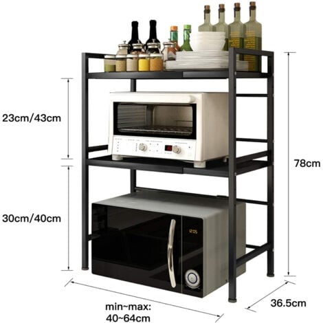Support de Four à Micro-Ondes Extensible Organisateur Cuisine Double Étagère Rangement avec 3 Crochets 40-64x36.5x78cm Noir