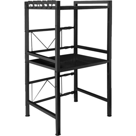 Support de Four à Micro-Ondes Extensible Organisateur Cuisine Double Étagère Rangement avec 3 Crochets 40-64x36.5x78cm Noir