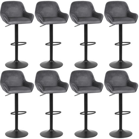 Lot de 8 Tabouret de Bar,en velours,Reglable en Hauteur et Pivotant,avec Dossier et Accoudoirs, gris foncé (1/5)