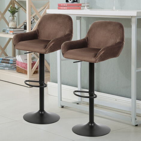Yongqing – Lot de 2 tabourets de bar en velours marron – Réglables en hauteur 52-72 cm – Pivotants 360° avec dossier et accoudoirs – Base ronde en métal