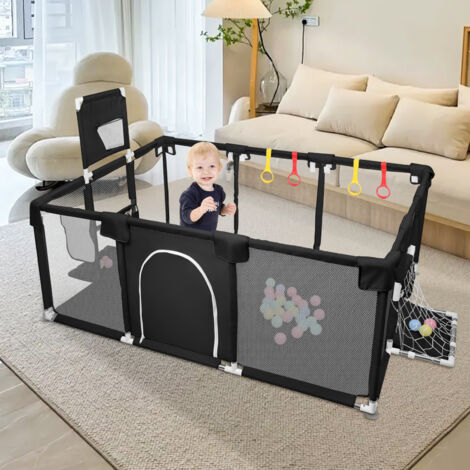 Parc Bébé Centre d'activités avec 50 boules-Panier de basket-Réseau de football-4 Poignées Parc pour bébé 180x120x66cm noir