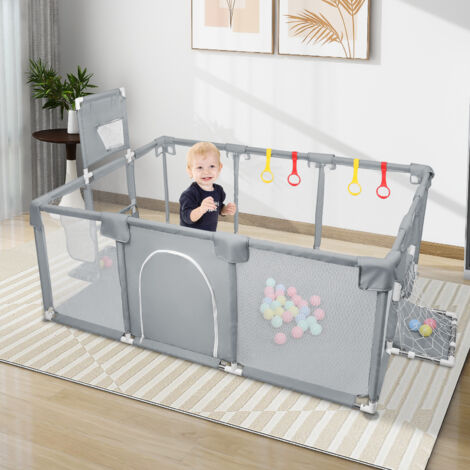 Parc Bébé Centre d'activités avec 50 boules-Panier de basket-Réseau de football-4 Poignées Parc pour bébé 180x120x66cm gris foncé