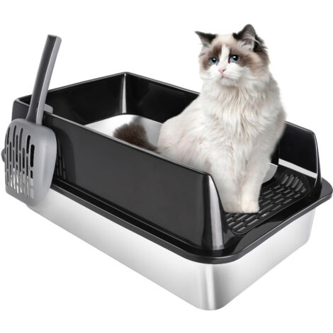 Bac à Litière Chat Maison de Toilette Acier pour Chat inoxydable avec Pelle 60x40x30cm noir (1/5)