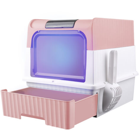 Bac a litiere Maison de Toilette Chat Fermée Plateau Amovible pelle Stérilisation et Désodorisation aux Ultraviolet 35 x 49 x 37cm Pour chat rose