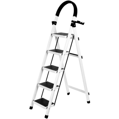 Escabeau marche pied 5 marches Antidérapant en Acier 39 x 87 x 152 cm blanc et noir (1/5)