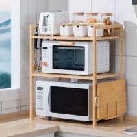 Étagère Extensible En Bambou Pour Micro-ondes - 2 Niveaux, Réglable En Hauteur, Avec Crochets Et Support Planche - 14