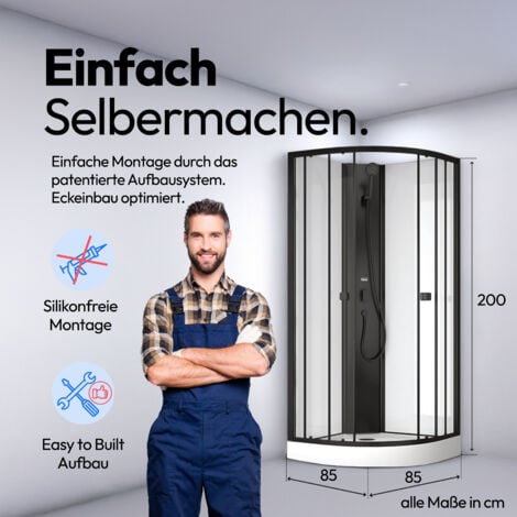 Dusche Komplett Marwell Komplettdusche Prime Style Schwarz/Weiß 85x85x198 - Fertigdusche im komplett Set mit Acrylwanne und Armatur - 4 mm Einscheibensicherheitsglas