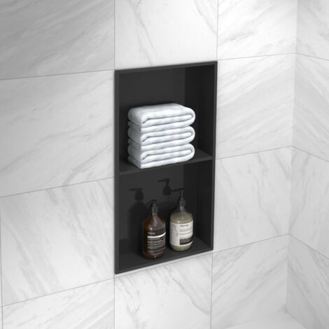 Marwell Wandnische Como schwarz 62 x 32 cm - Wandregal Edelstahl schwarz - Wandnische Dusche - Duschregal schwarz
