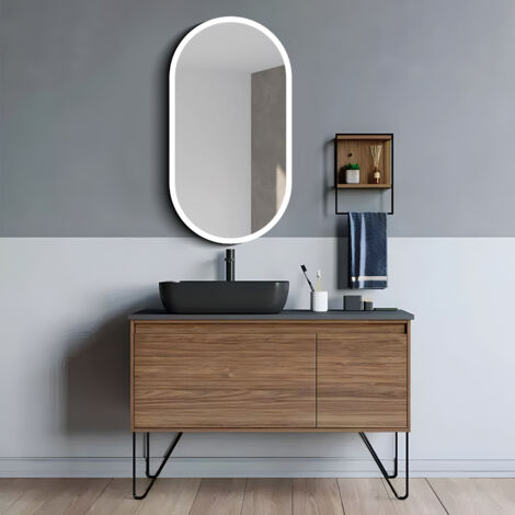 Spiegelschrank mit Beleuchtung Talos Oval Vento 45x80 cm schwarz - Spiegelschrank Bad mit 2 Ablageflächen - Aluminium - Rückwand verspiegelt