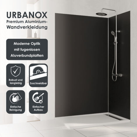 Marwell Urbanox Wandpaneel Set schwarz 1x  90x210 1x 120x210cm – inklusive Abschlussprofile in Silber - fugenlose Aluverbundplatte als Duschrückwand & Küchenrückwand