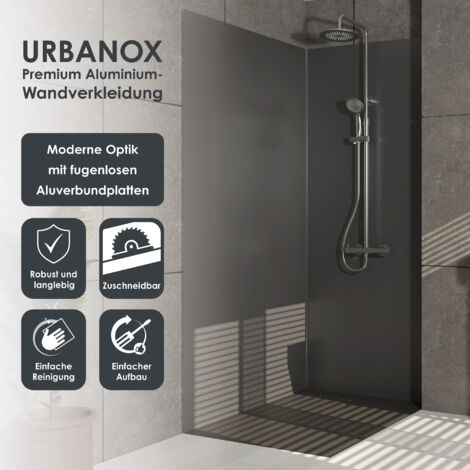 Marwell Urbanox Wandpaneel grau 90x210 cm – inklusive Abschlussprofile in Schwarz - fugenlose Aluverbundplatte als Duschrückwand & Küchenrückwand (1/5)