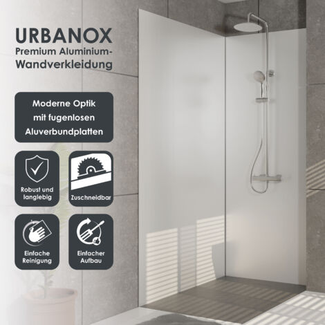 Marwell Urbanox Wandpaneel weiß 90x210 cm – inklusive Abschlussprofile in Silber - fugenlose Aluverbundplatte als Duschrückwand & Küchenrückwand (1/5)