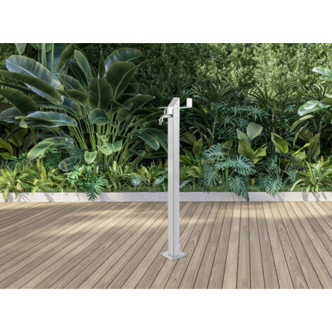 Wasserzapfsäule Edelstahl gebürstet 93 cm quadratisch mit Schlauchhalter – freistehender Gartenwasserhahn 5x5 cm für Garten, Terrasse & Hof GardWell