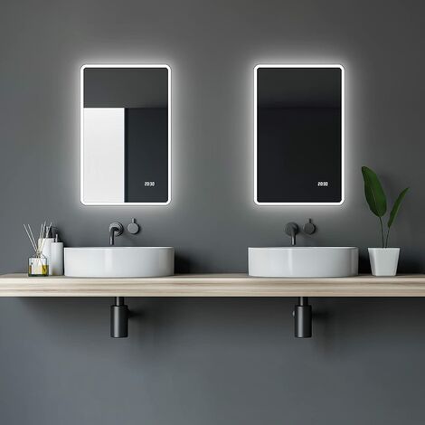 Talos Sun Badspiegel 45 x 70 cm - Badezimmerspiegel mit LED Beleuchtung in neutralweiß – Digitaluhr mit Memory-Funktion - An-Aus Taster am Rahmen