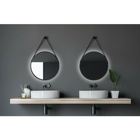 Talos Black Light Badspiegel, Dekospiegel, rund, Ø 50 cm - Badezimmerspiegel - hinterleuchtete mit LED Beleuchtung in neutralweiß - matt schwarz - Aufhängeband in Lederoptik