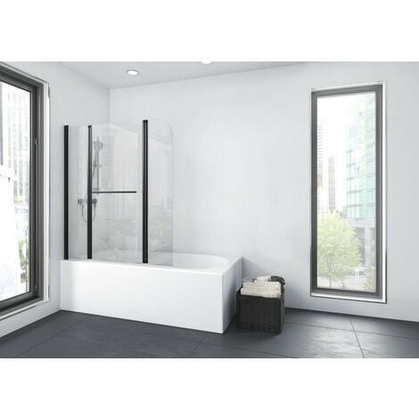 Marwell Badewannenfaltwand City 125 x 140 cm - matt schwarz - 3-teilig faltbar - beidseitig montierbar - Handtuchhalter - Badewannenaufsatz - Duschtrennwand - Duschabtrennung für Badewannen