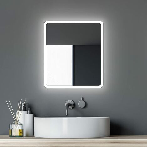 Talos Moon Badspiegel 40 x 45 cm - Badezimmerspiegel mit LED Beleuchtung in neutralweiß - umlaufenden Raumlicht - An-Aus Taster am Rahmen