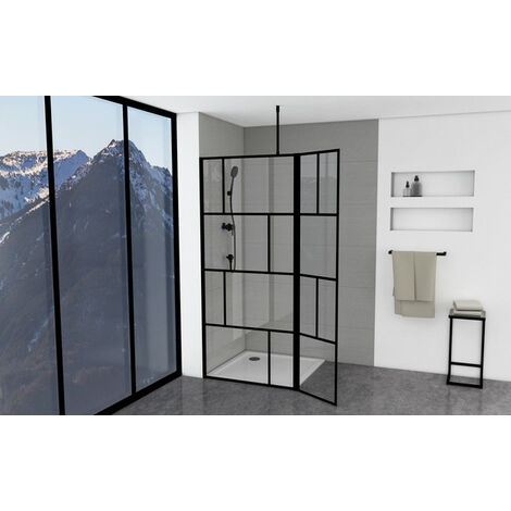 MARWELL Duschwand, schwarz  90+40 x 195 cm - inkl.  Deckenhalterung - Begehbare Dusche - Walk-In - Duschabtrennung - Siebdruck