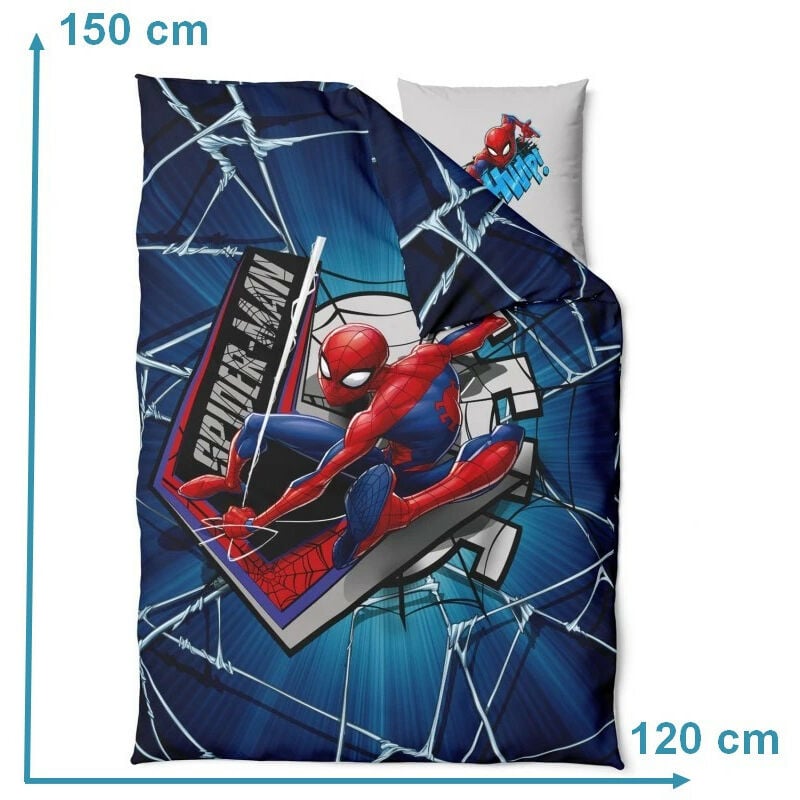 Parure housse de couette coton Spiderman Bleue 160x200 cm et Taie d'oreiller