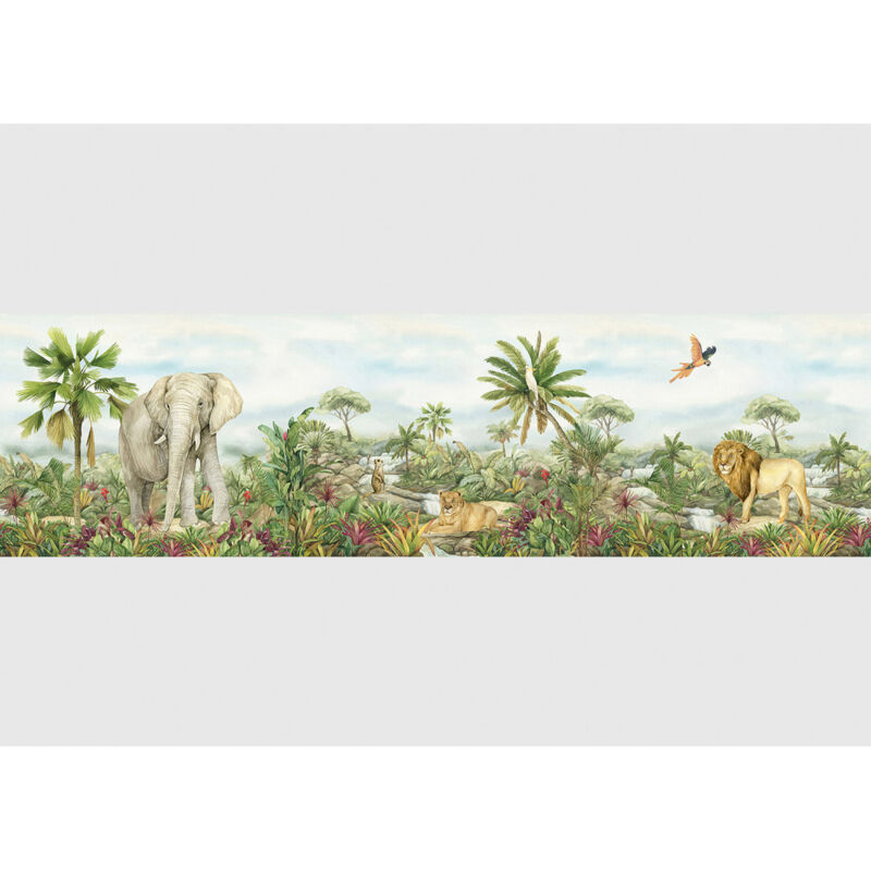 Frise Autocollante Animaux Jungle (lion, éléphant) - Rouleau 0,97 X 5 M - Décoration Chambre Enfant
