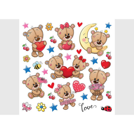 Stickers -  Doudous avec des cœurs et la lune- 1 planche 30 x 30 cm (1/5)