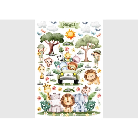 Stickers animaux - Safari dans une voiture verte - 1 planche 42,5 x 65 cm (1/5)