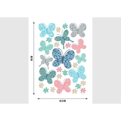 Stickers papillons multicolores arabesques et fleurs - 1 planche 42,5 x 65 cm (1/5)