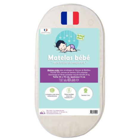 Matelas ovale Bambou 32x72 cm - coins arrondis - pour couffin