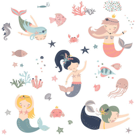 Stickers repositionnables 5 Sirènes et poissons dans l'eau - Haut 44,1 cm (1/5)
