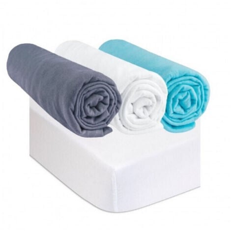 Drap housse 70x160 Coton Gris Blanc Turquoise (Lot de 3) + 2 Alèses