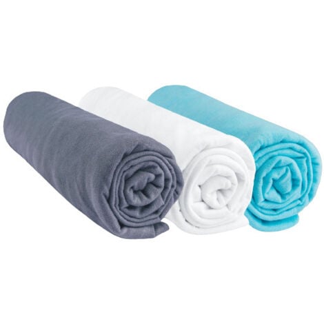 Drap housse 70x160 Coton Gris Blanc Turquoise (Lot de 3) + 2 Alèses