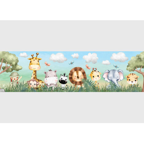 Frise auto-collante animaux jungle – Longueur 500 cm – Largeur 13.8 cm – Vinyle auto-adhésif pour murs lisses – Ag Art