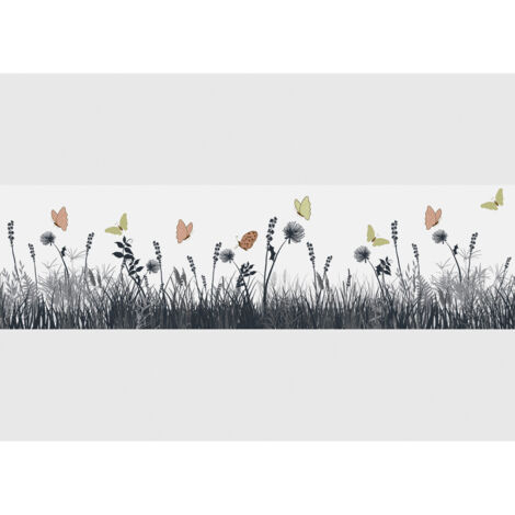 Frise murale autocollante silhouette prairie 500 cm x 13.8 cm – Motif papillons multicolores – Vinyle auto-adhésif sans colle – Ag Art