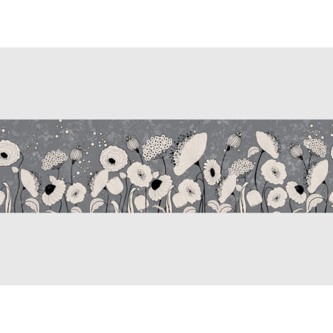 Frise auto-collante sur fond gris et fleurs Alysses et coquelicot blanc (1/5)