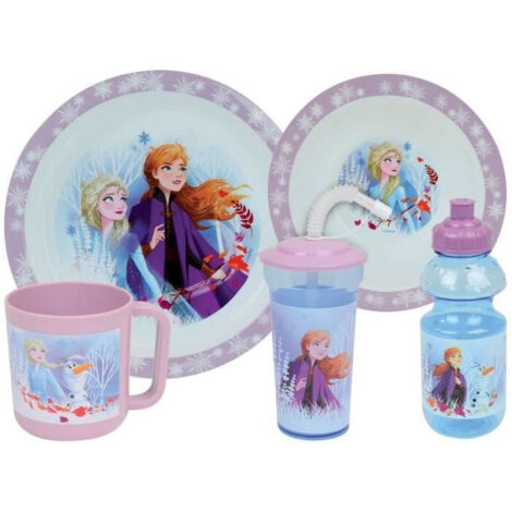 Lot Vaisselle Disney Reine des Neiges - FUN HOUSE - 006379 - Assiette Creuse, Assiette Plate, Mug, Gourde et Gobelet avec Paille