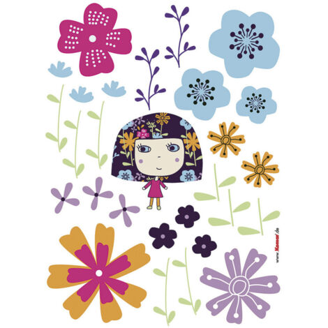 Flowerine, Sticker mural petite fille robe violette entourées de fleurs colorées - 50x70 cm (1/3)