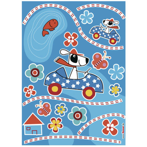 Dog's Day, Sticker mural petit chien dans voiture bleue à étoiles - 50x70 cm (1/3)