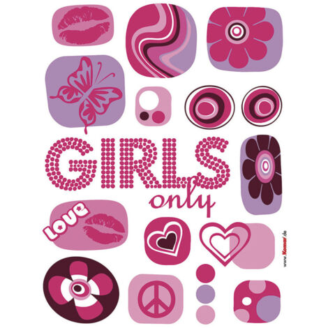 Girls Only, Sticker mural avec motifs rose et vilolet Love, peace, fleurs - 50x70 cm (1/3)