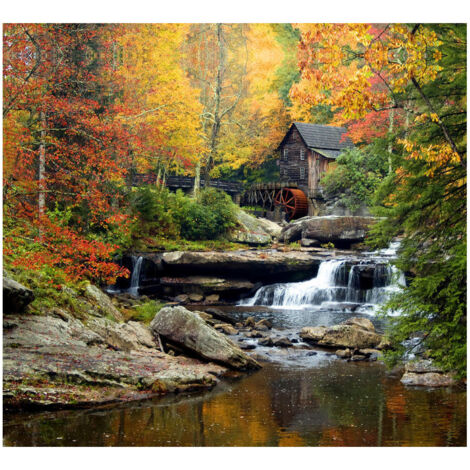 Rideau imprimé décors d' automne cabane en bois roue à aube et végétation 280x245 cm, 2 pièces (1/3)