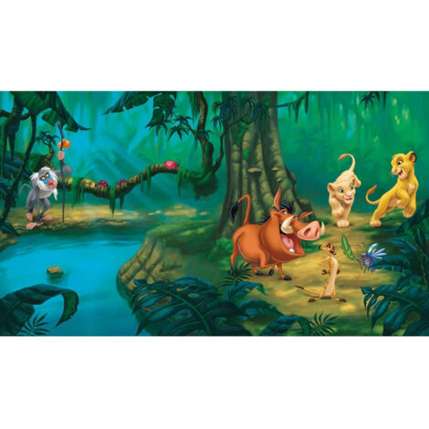 Papier peint panoramique encollé Disney Le Roi lion - Simba à la rivière avec ses amis - 320 cm x 182,88 cm (1/3)