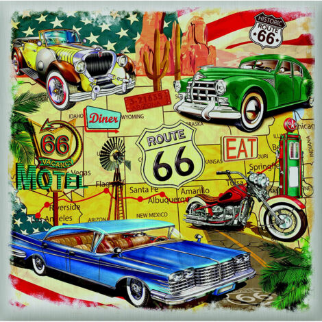Sticker Vintage voiture et moto USA route 66 - 1 planche 30 x 30 cm (1/5)