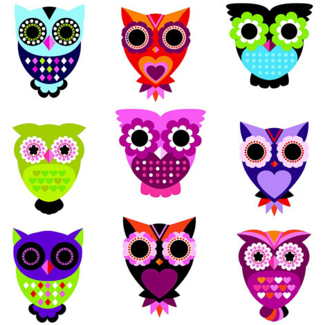 Sticker Hiboux multicolores - 1 planche 30 x 30 cm (1/5)