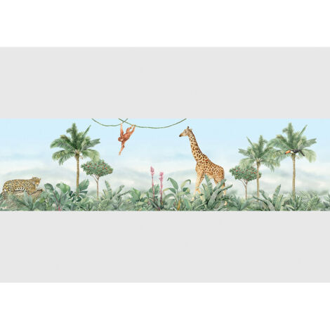 Frise auto-collante animaux de la jungle girafe, leopard et singe en couleur- 1 rouleau de 0,97 x 5 m (1/5)