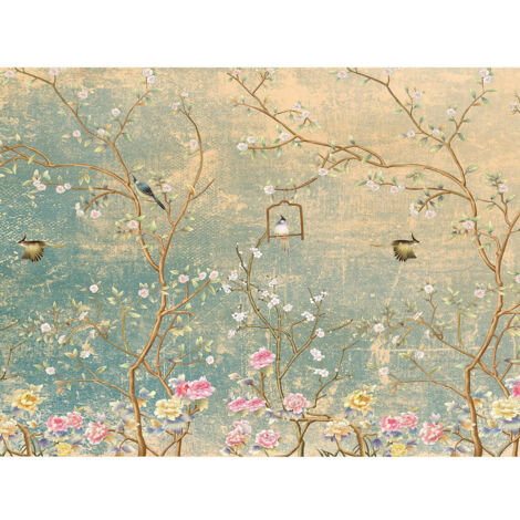 Poster Thème arbres, fleurs et oiseaux - 360 x 254 cm