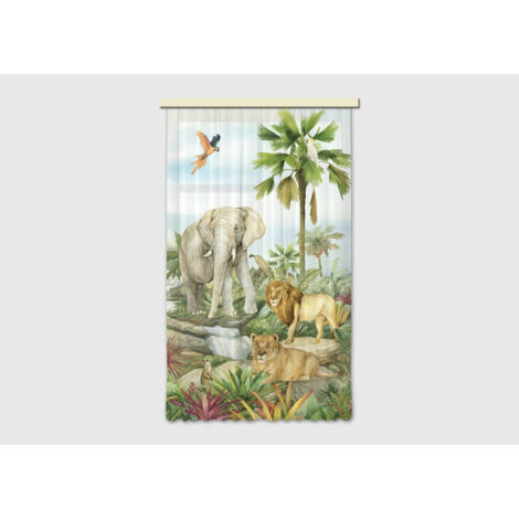 Voilage Animaux de la jungle - Éléphant, lion, perroquet en couleur - 1 pièce - L 140 cm x H 245 cm (1/4)