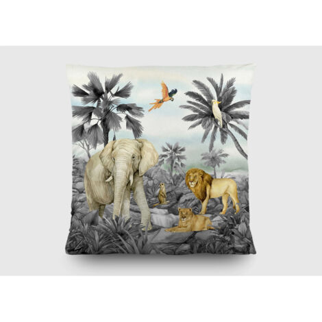 Coussin - Les animaux de la jungle elephant, lion, perroquet - noir et blanc - 40x40 cm (1/5)