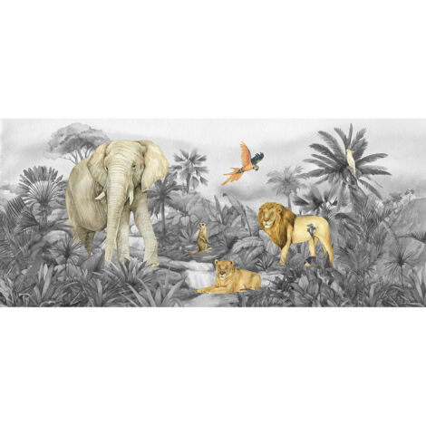 Poster géant horizontal animaux de la jungle en noir et blanc - lion, perroquet, éléphant 170 x 75 CM (1/5)